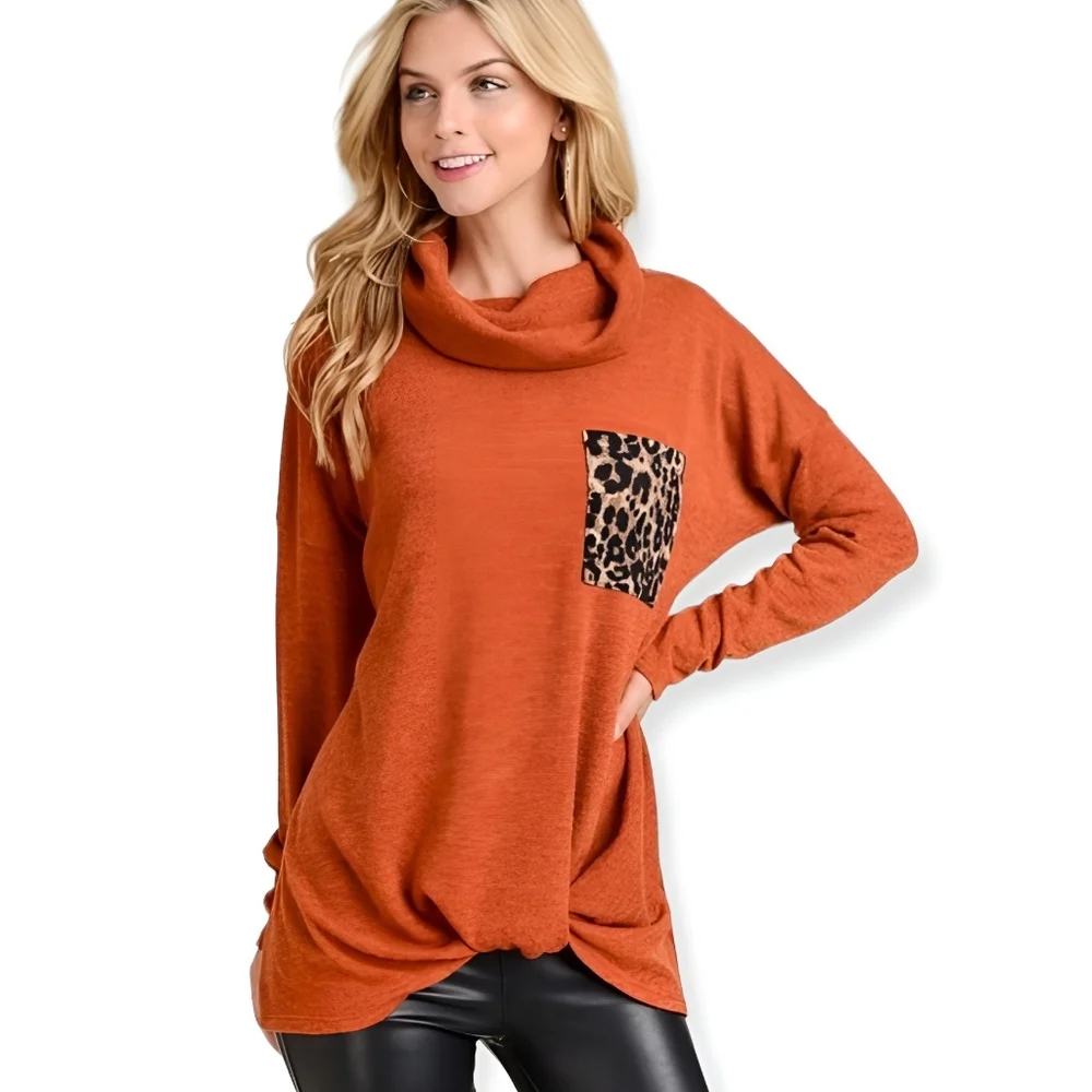 Rust Cowl Neck Leopard Print Pocket Long Sleeve Top - Picture 1 of 6